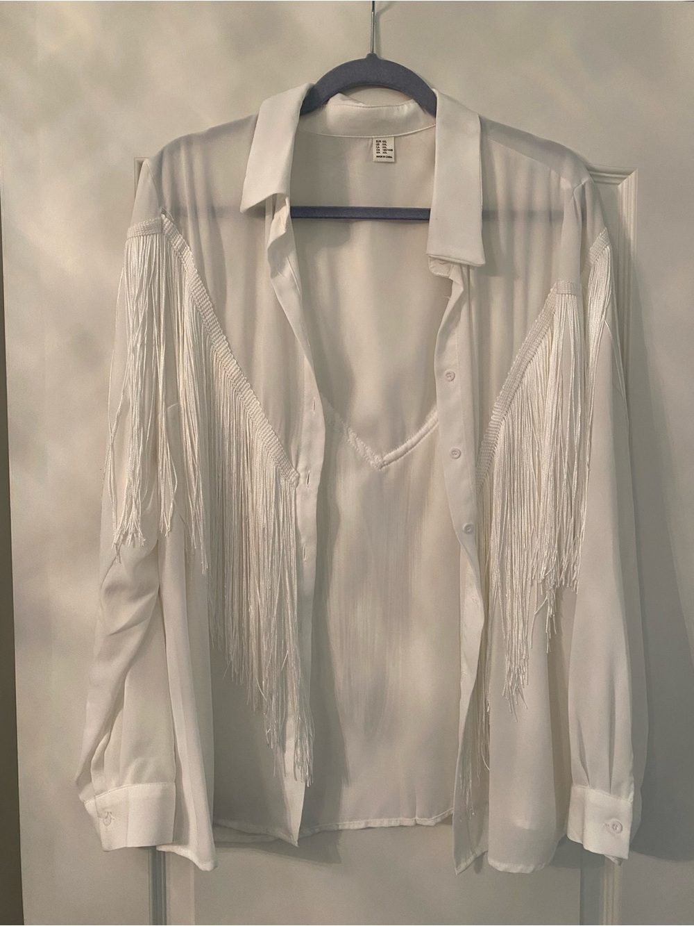 H&M White Fringe Button-Down Shirt